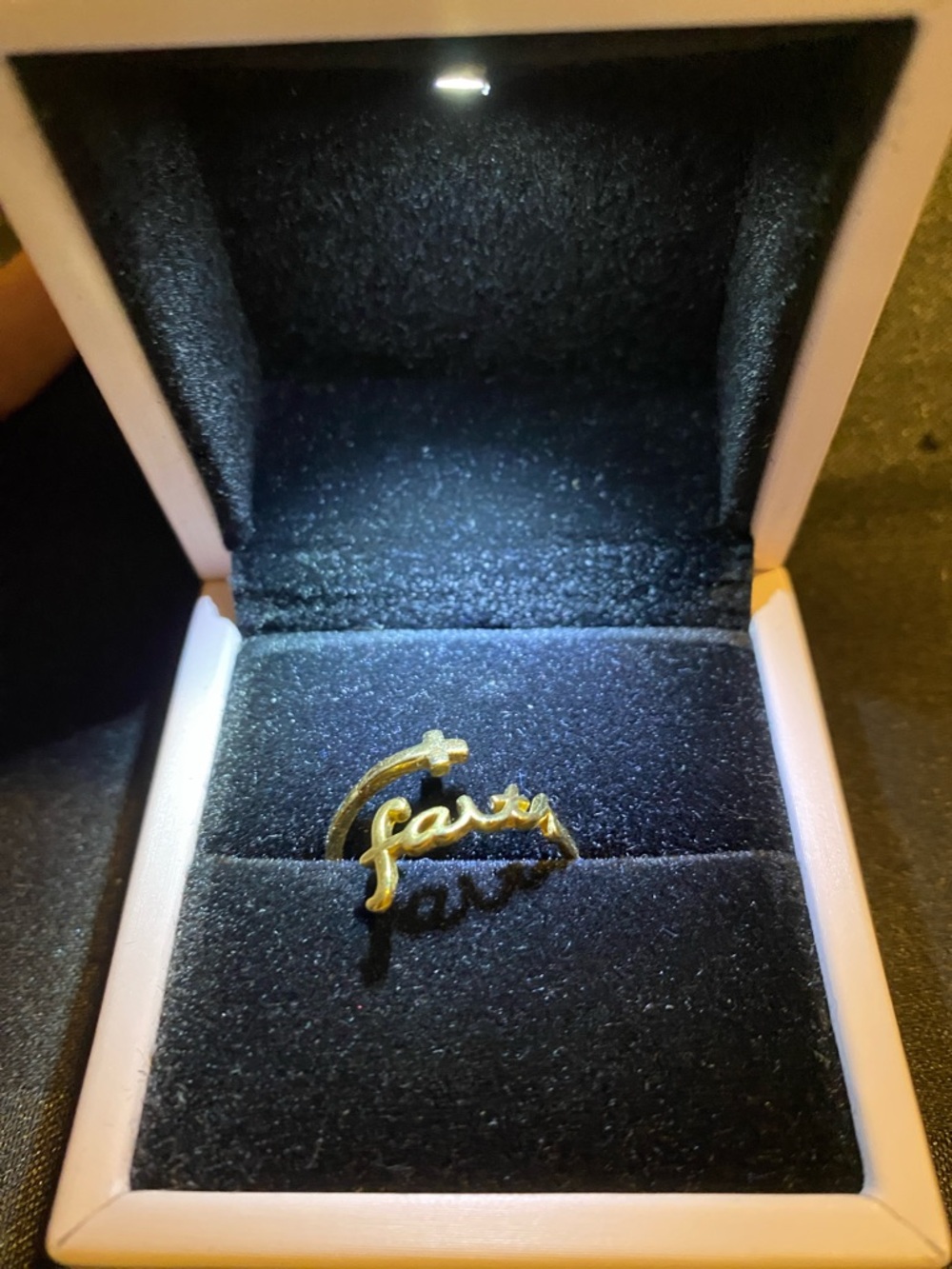 F&F Gold 'Faith' Script Ring with Cross Detail